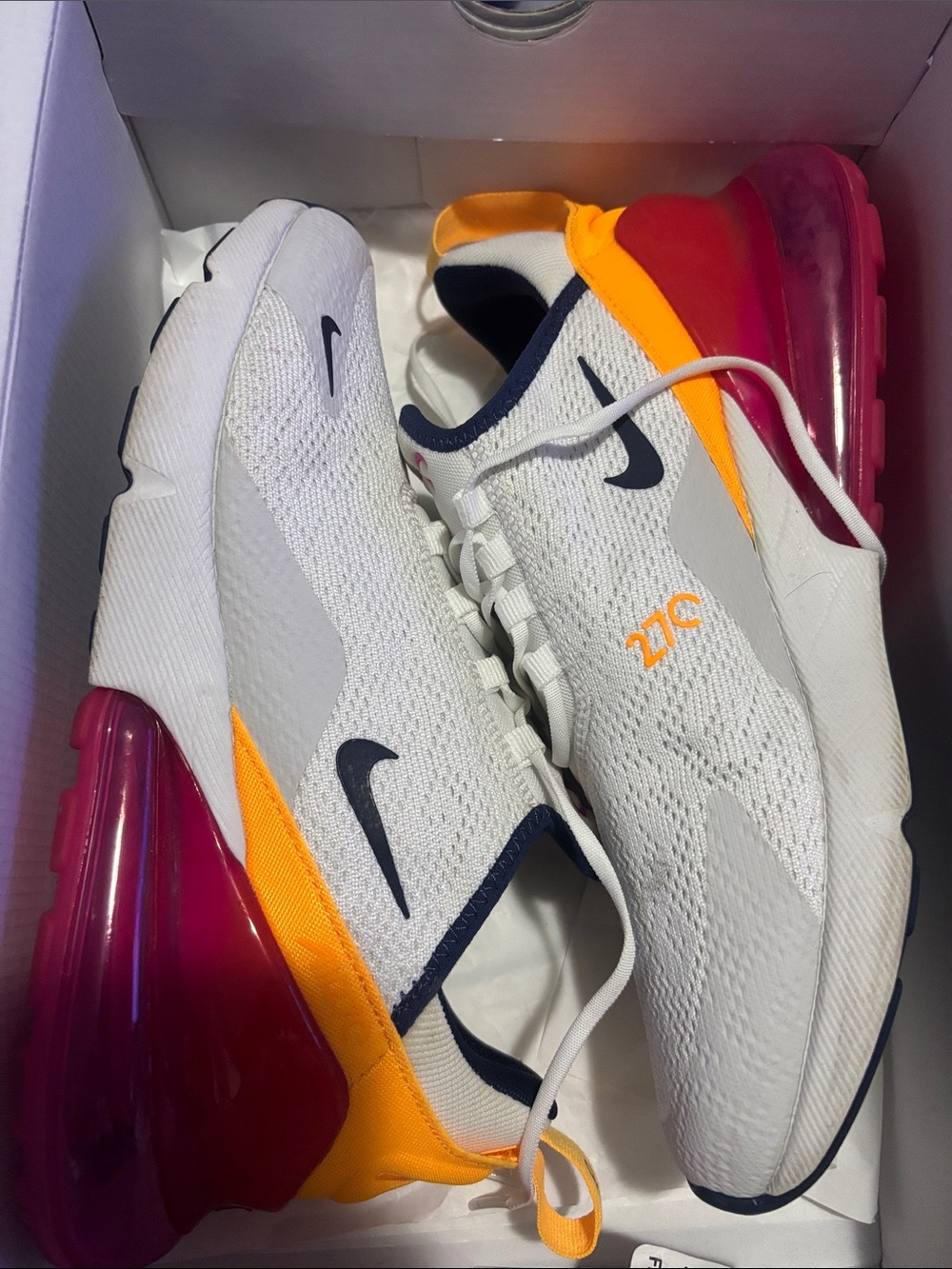 Nike White Sneakers with Navy Swoosh, Orange Accents & Pink Air Unit